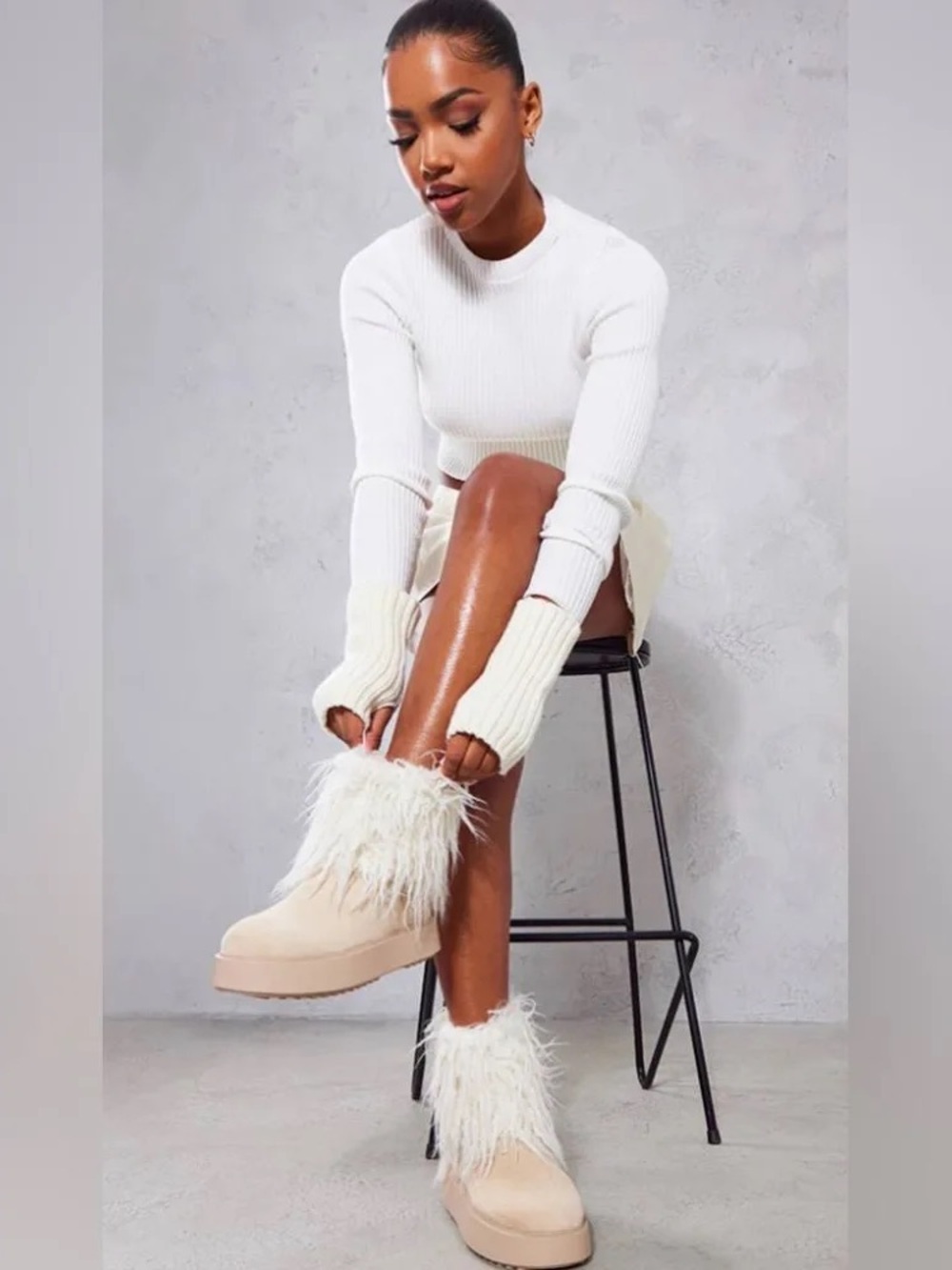NIB Flawed Sz 9 PLT Cream Faux Suede Contrast Faux Fur Ankle Boot Off White
